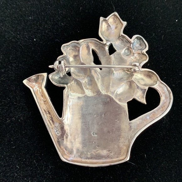 Enamel Marcasite Watering Can Of Flowers Brooch Pin S.M.925 Spring Floral Summer - Picture 8 of 9